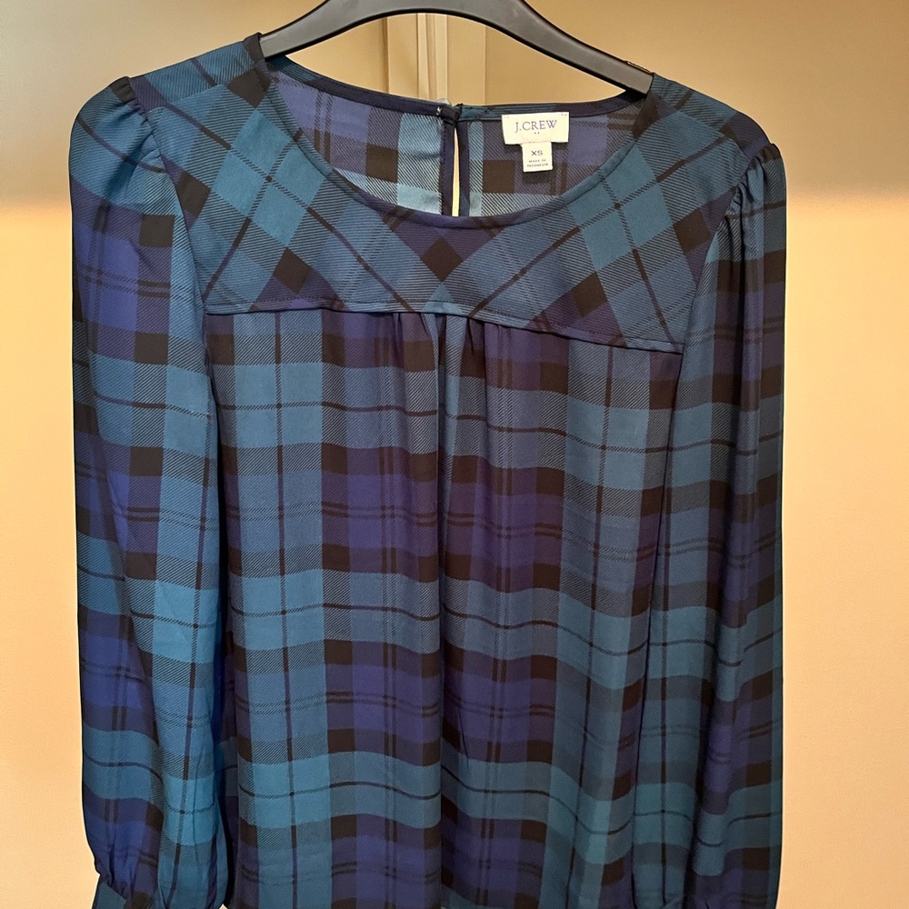 J. Crew Navy and Teal Plaid Top